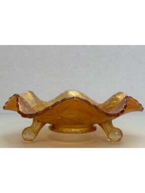 Fenton Carnival Glass Footed Dish Floral Marigold Iridescent Scalloped Edges